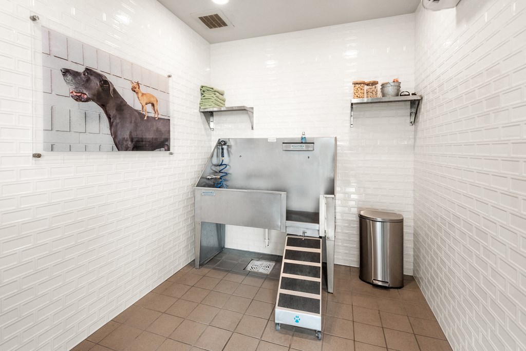 a kitchen with a sink and a painting of a dog on the wall