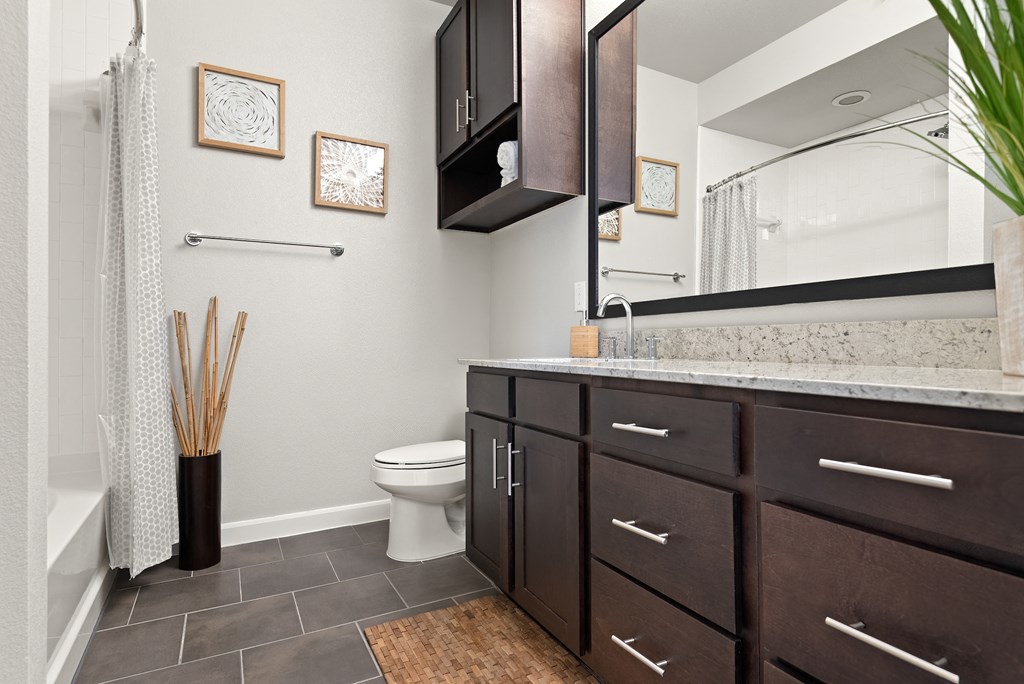 a bathroom with dark cabinets and a white toilet