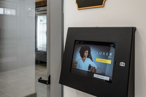 a screen in a door with a woman on it