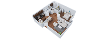 a 3d floor plan of a bedroom and living room