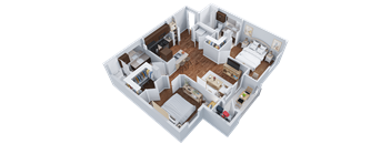 3d floor plan of a bedroom and living room
