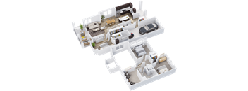 a 3d floor plan of a house with a garage and a balcony