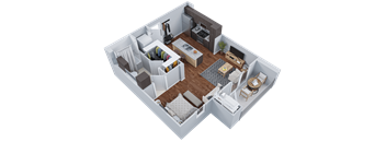 a 3d floor plan of a living room and kitchen