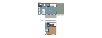 A floor plan of a two level apartment with a study, powder room, and a front porch.
