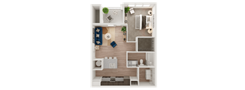A top-down view of a small apartment with a living room, kitchen, and bedroom.