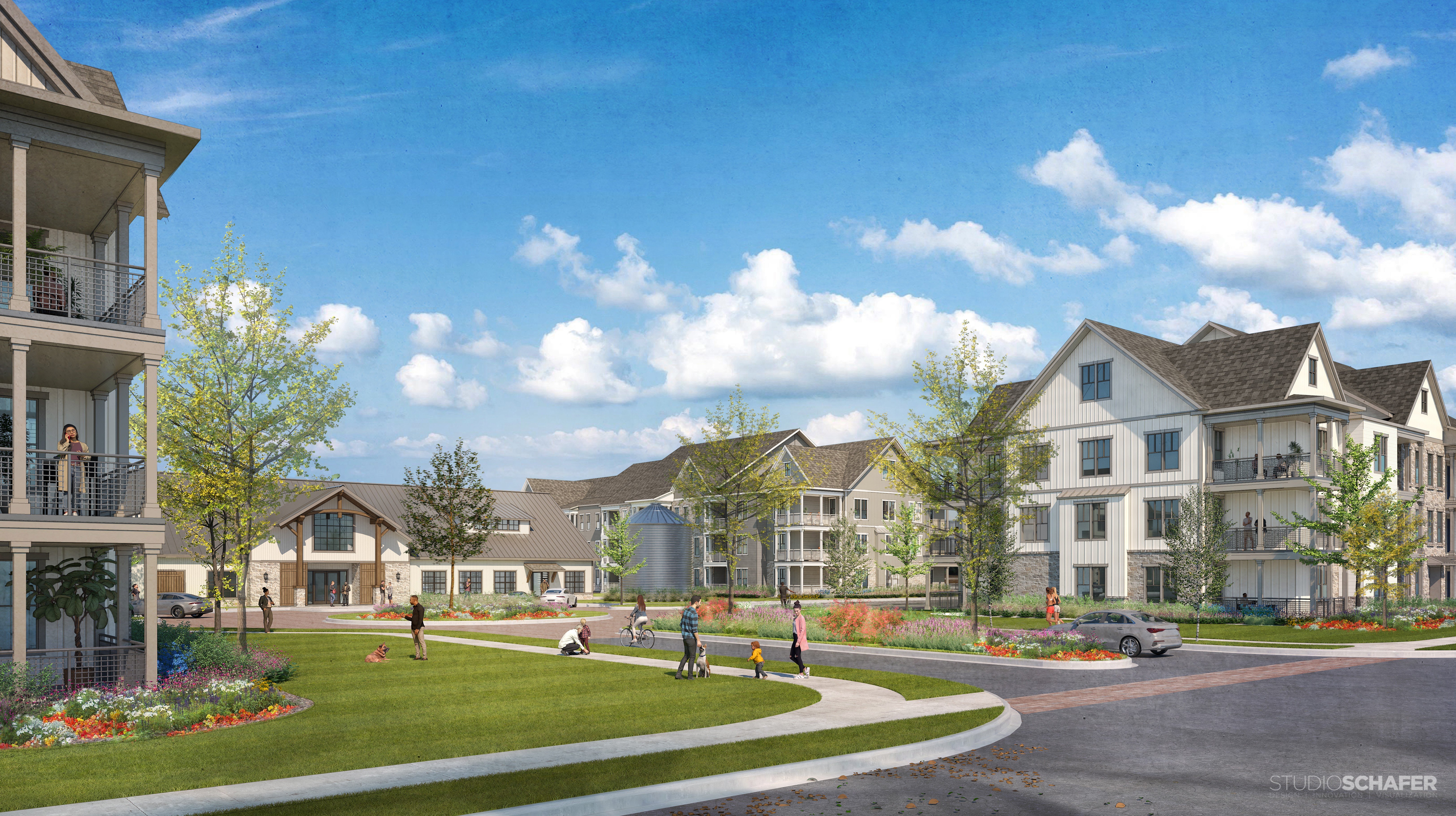 A rendering of a residential neighborhood with houses and people walking.