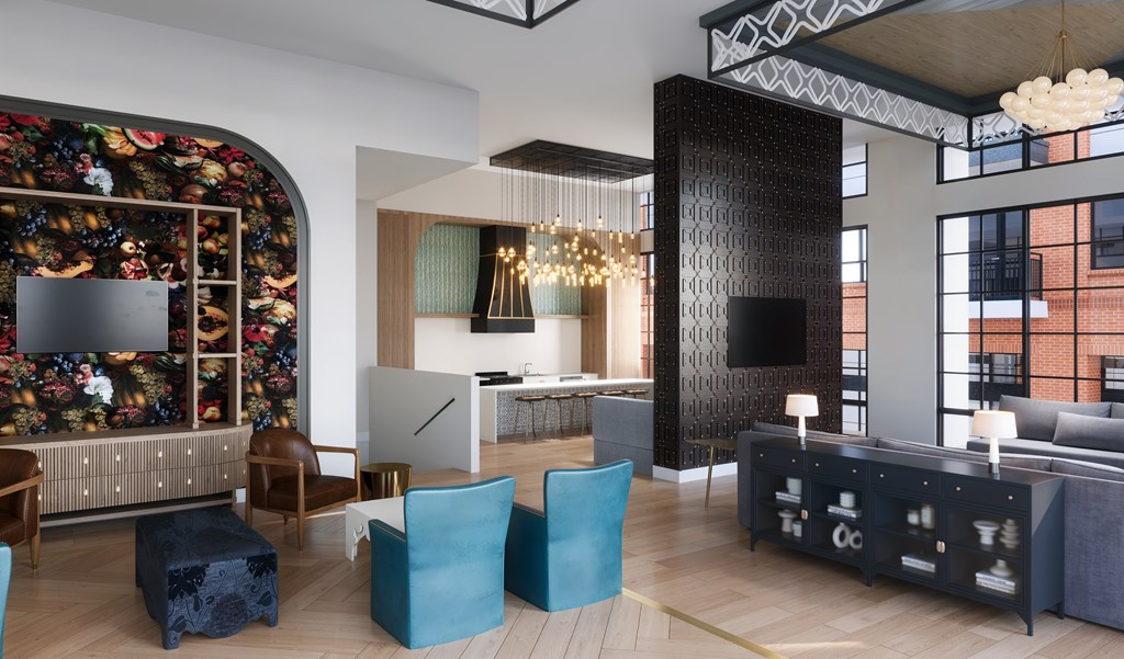 A modern living room with a large floral wallpapered wall and a black and white geometric patterned wall.