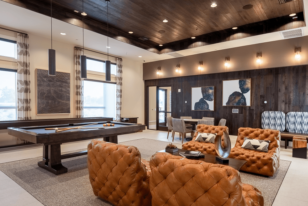 a game room with a pool table and couches