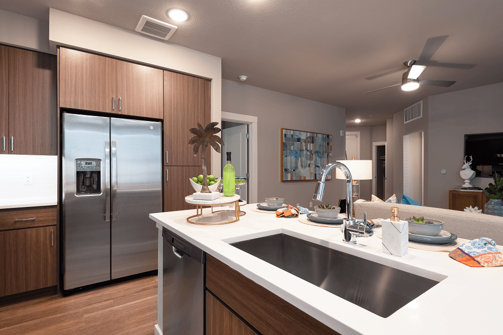 furnished kitchen of an apartment at escape at arrowhead