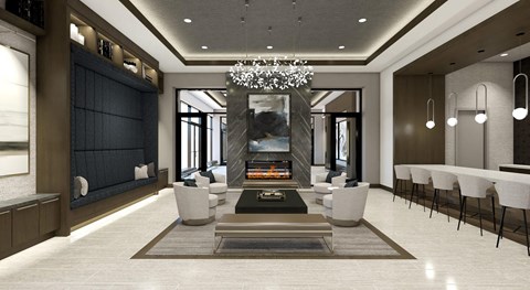 A modern living room with a fireplace and a chandelier.