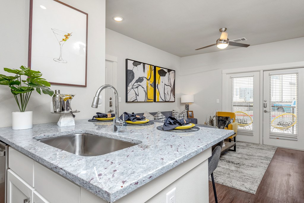 example kitchen area at ironridge at hill country village apartments