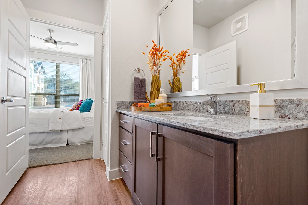 bathroom of an apartment at ironridge at hill country village