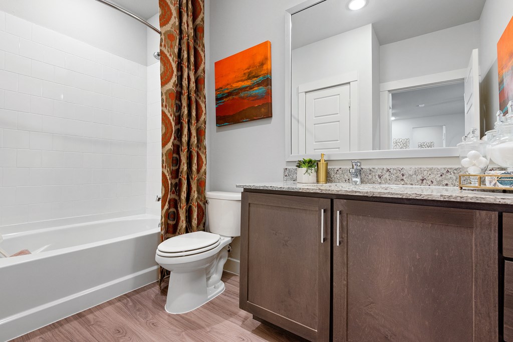 example bathroom of an apartment at ironridge at hill country village
