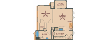 A floor plan of a house with a bedroom, bathroom, kitchen, living room, and patio/balcony.