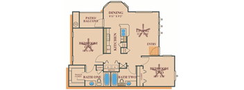 A floor plan of a house with a dining area, two bedrooms, a bathroom, a kitchen, a pantry, a patio, and an entry.
