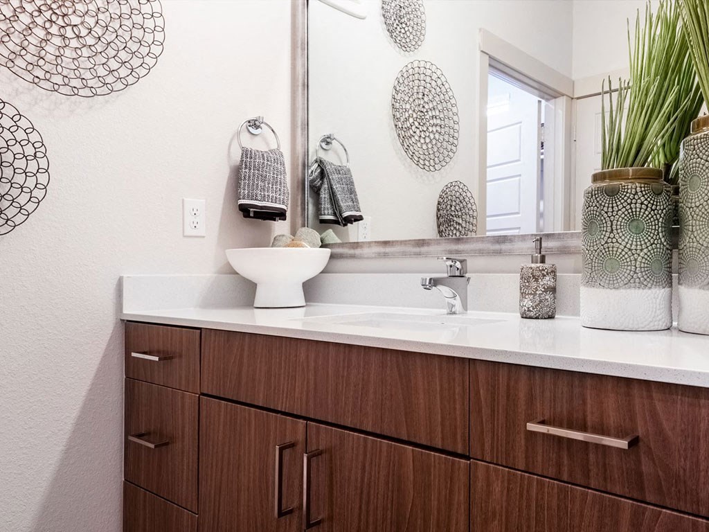 a bathroom with a sink and a mirror