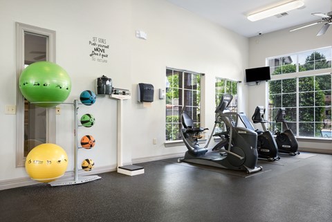 a gym with exercise equipment and a green ball on the floor