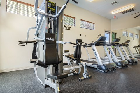 a gym with various cardio machines and weights