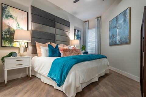 bedroom of an apartment at the cannery at the packing district