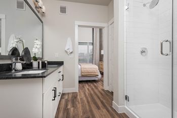 a bathroom with a large shower and a bedroom in the background