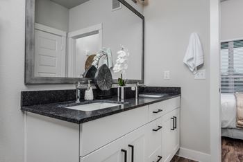 a bathroom with a sink and mirror