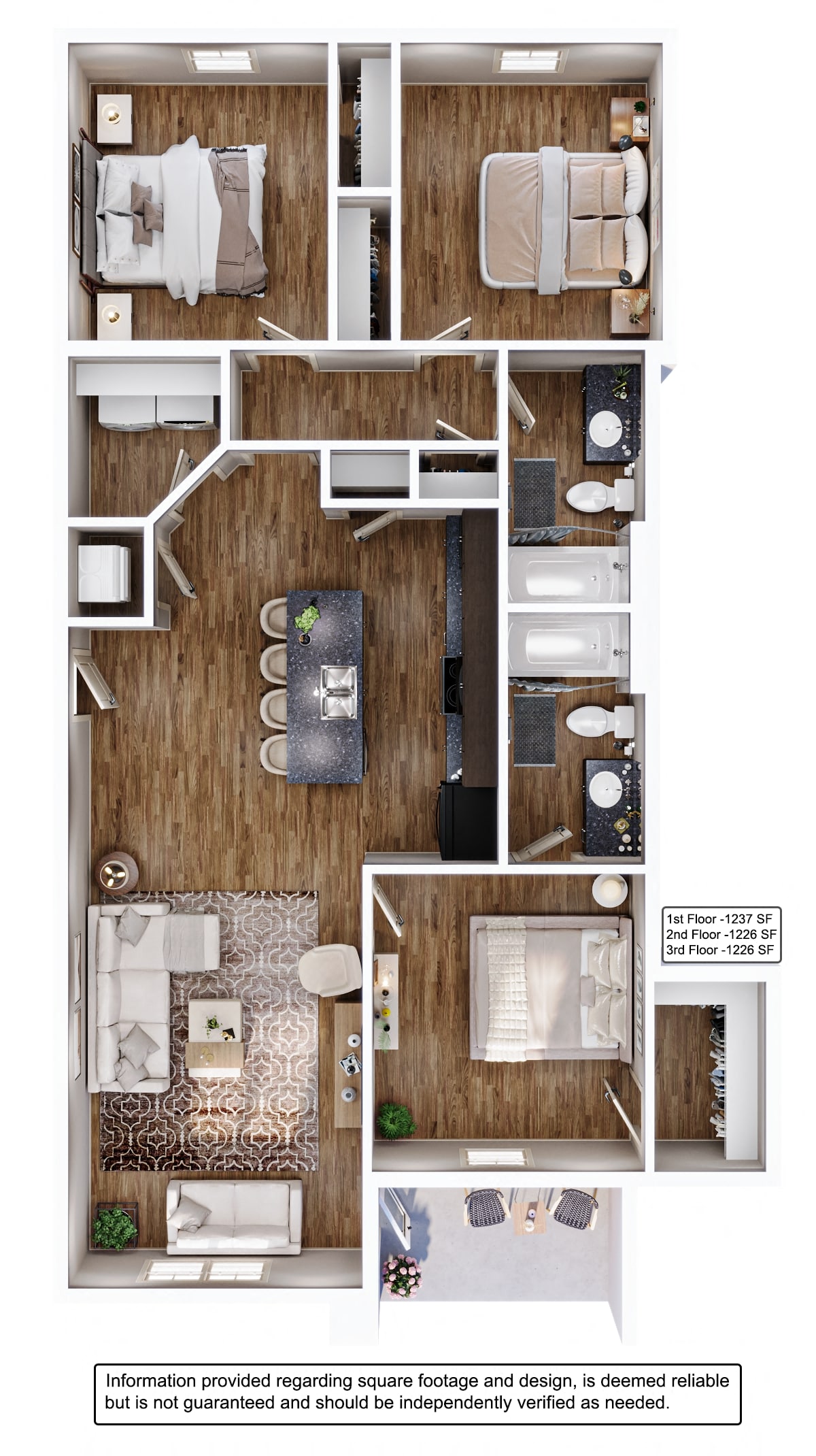 3D floor plan of 3BR Apartment
