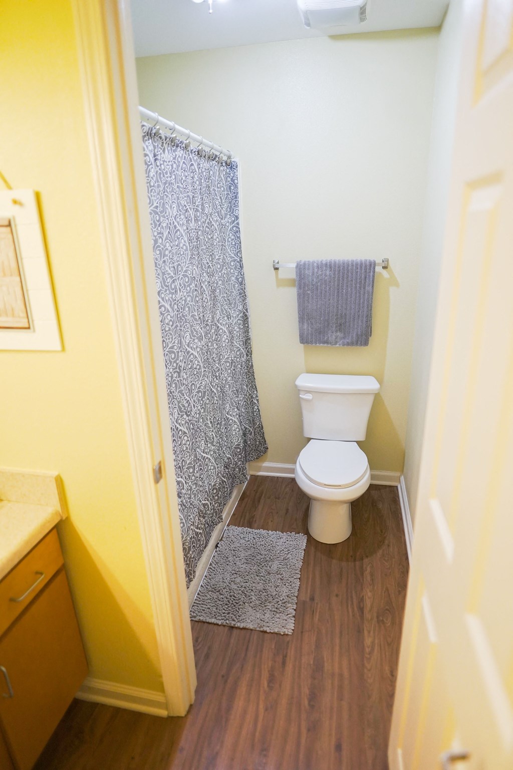 A bathroom with a toilet, a shower curtain, and a rug.