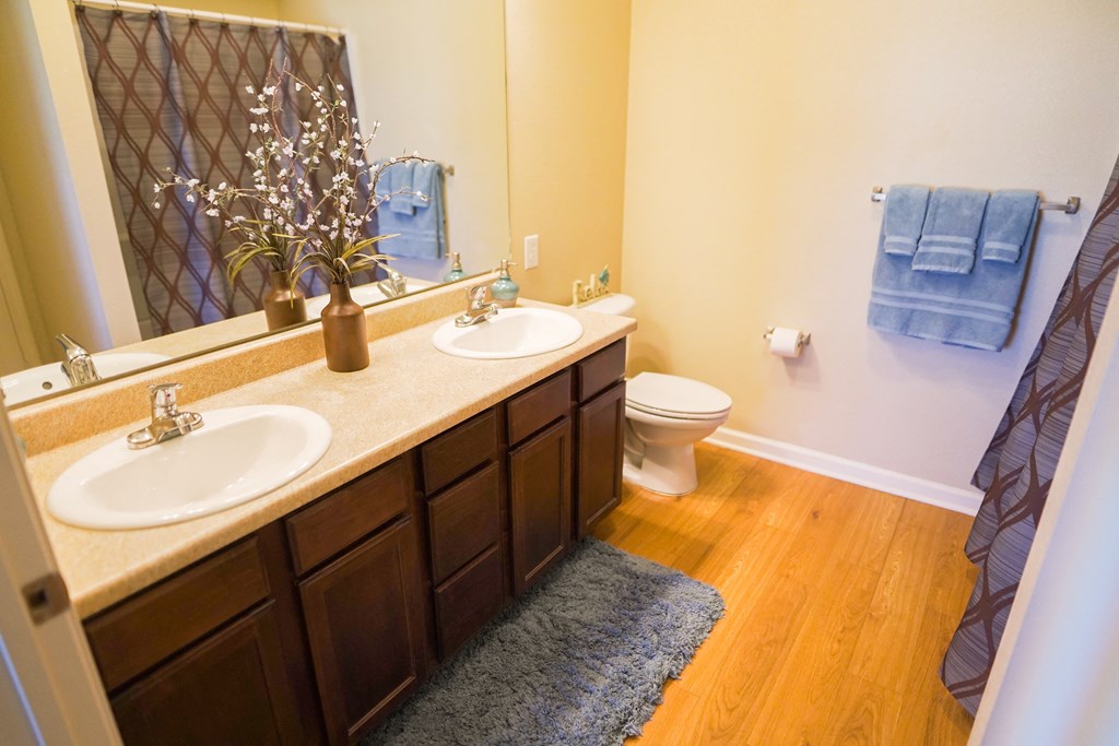 a bathroom with two sinks and a toilet