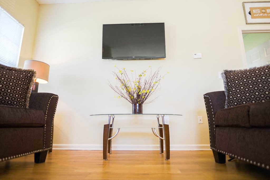 a living room with couches and a table and a television