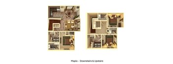 A maple floor plan of a house with downstairs and upstairs layout.