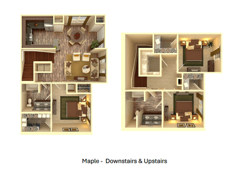 A maple floor plan of a house with downstairs and upstairs layout.