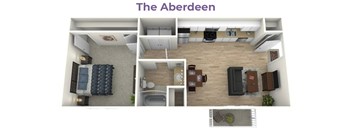 A 3D rendered image of a small apartment layout.
