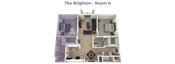 A 3D rendered image of a small apartment layout.