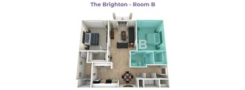 A 3D floor plan of a room labeled