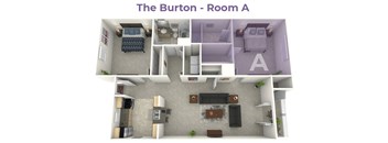A 3D floor plan of a room labeled