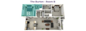 A 3D floor plan of a room labeled B.