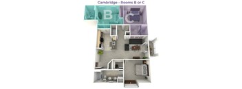 A 3D diagram of a Cambridge apartment layout with rooms B and C.