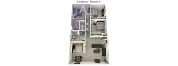 A 3D image of a room layout for a property named Cordova.