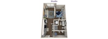 A 3D floor plan of a studio apartment with a kitchen, living room, and bathroom.