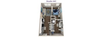 A Studio WC layout with a bedroom area and a bathroom area.