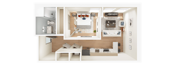 A 3D rendered image of a modern bedroom with a bed, nightstand, and a desk.