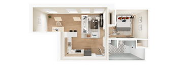 A 3D floor plan of a house showing a kitchen, living room, and bedrooms.