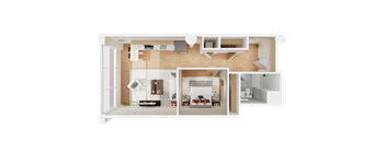 A 3D rendered image of a house layout.