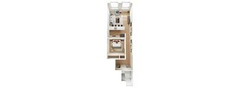 A floor plan of a small apartment with a kitchen, living room, and two bedrooms.