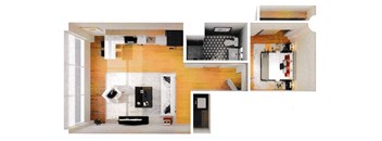 A series of images showing a kitchen, living room, and bathroom.