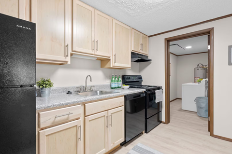 A kitchen with black appliances and wooden cabinets.
