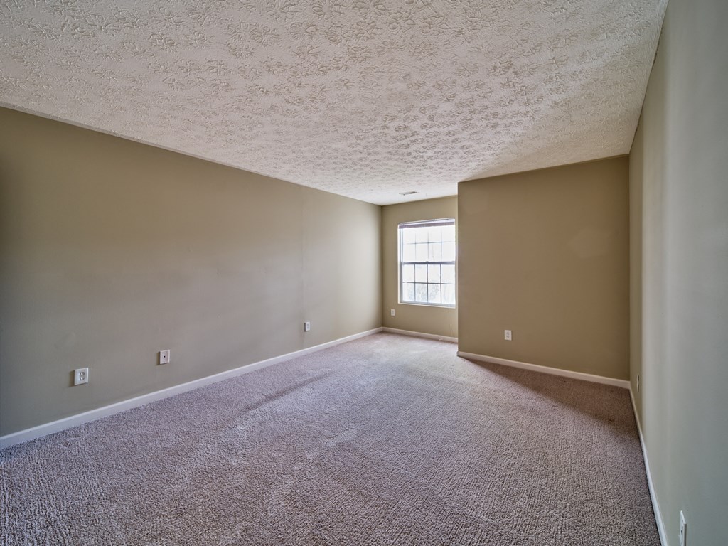 an empty living room with beige carpet and a window