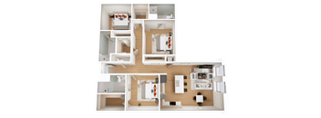 A top-down view of a house layout with multiple rooms and furniture.