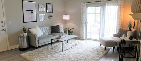 a living room with a white rug and a couch