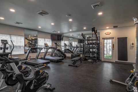 a gym with treadmills and other exercise equipment